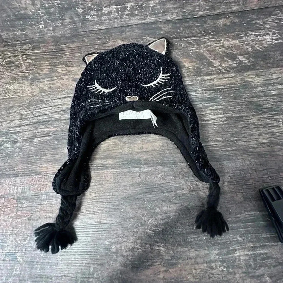 The Children's Place Black Cat Face Hat with Ears and Braided Tassels - Picture 1 of 5